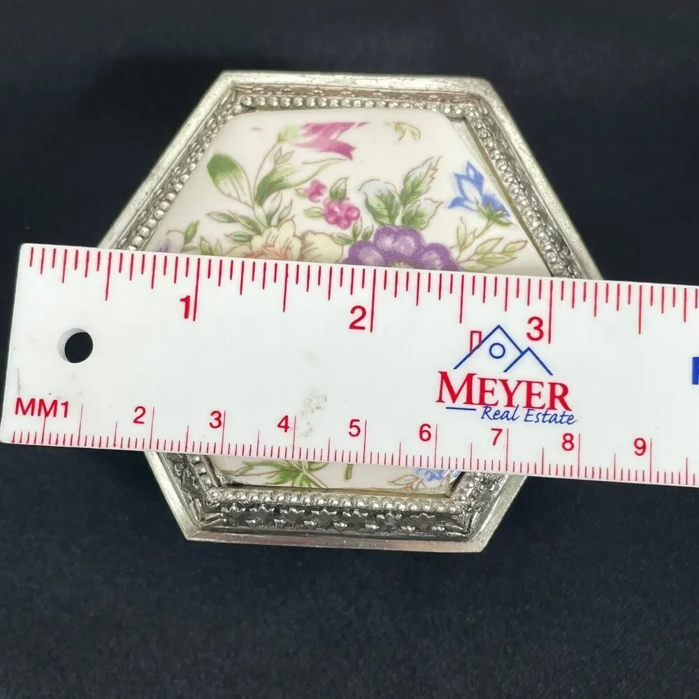 Vintage Japan Jewelry Trinket Box Silver Plated Painted Floral Hinged Top Lined - Picture 14 of 15